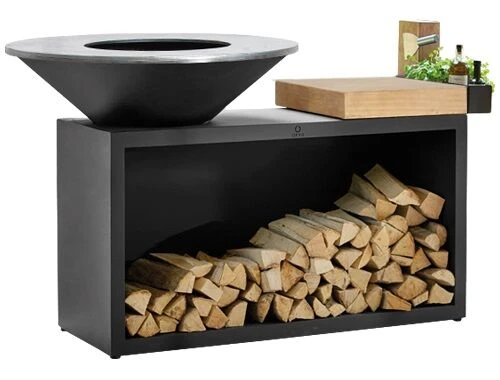OFYR Island Black 100-100 Vuurkorf - Barbecue Met Meubel En Plank Van Teakhout